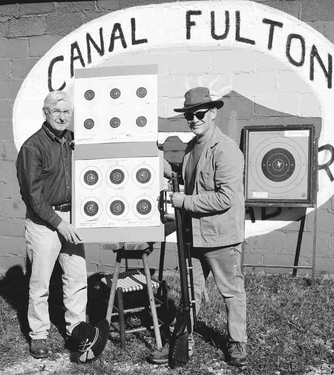 Bob Dickson on left, with his winning targets shot with “Old Harrison.” Mark Barnhill with Old Harrison on right, at the Rich Hicks Memorial Match at the Canal Fulton Ramrod Club.
